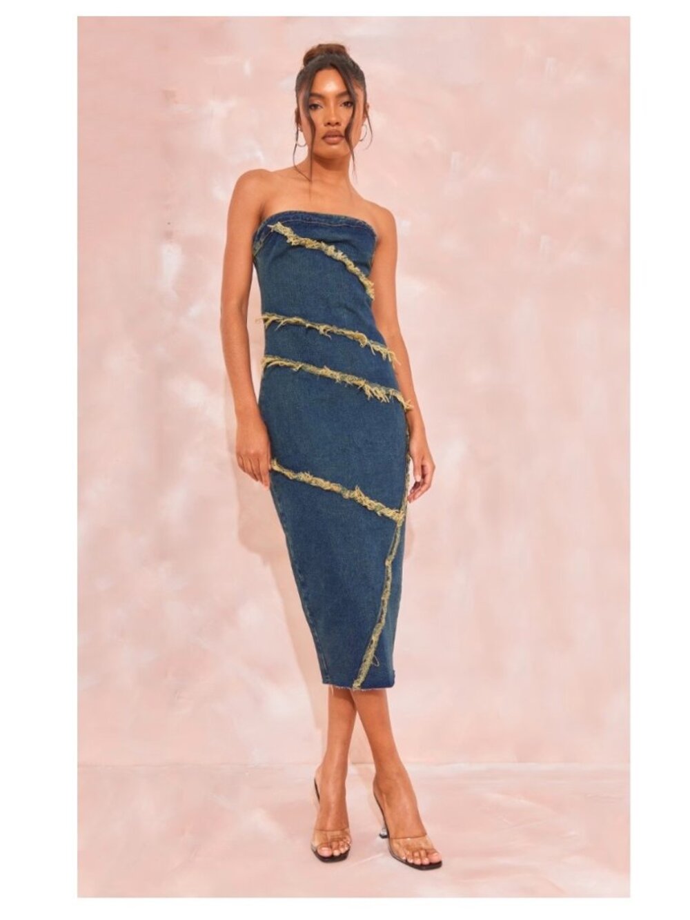 NWT PLT Tall Y2K 90s Nostalgia Vintage Mid Wash Bandeau Denim Midi Dress Size 12